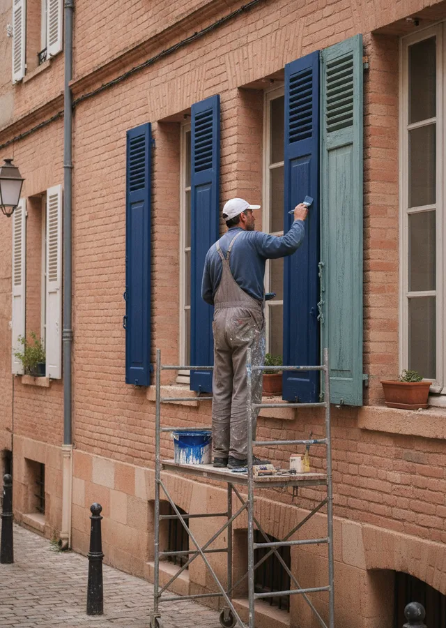 Peintre en bâtiment sur échafaudage à Toulouse